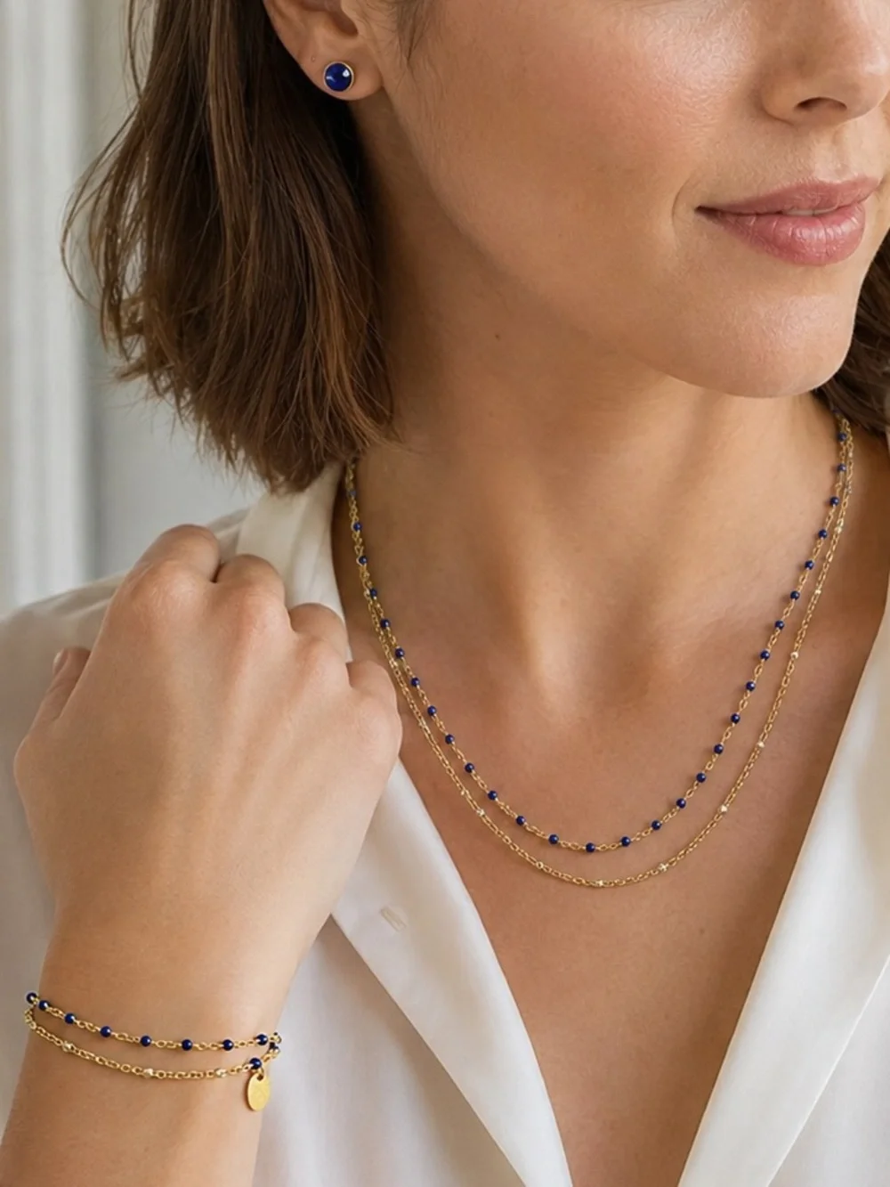 Plunder Blue Beaded Double Chain Necklace Gold NWT